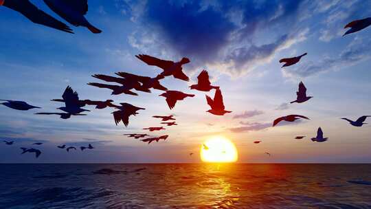 4k 夕阳日落海鸥和海燕飞翔