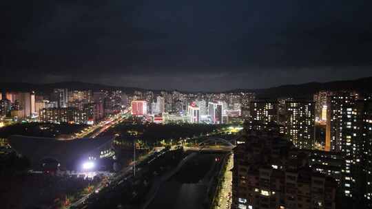 甘肃定西城市夜景电闪雷鸣航拍