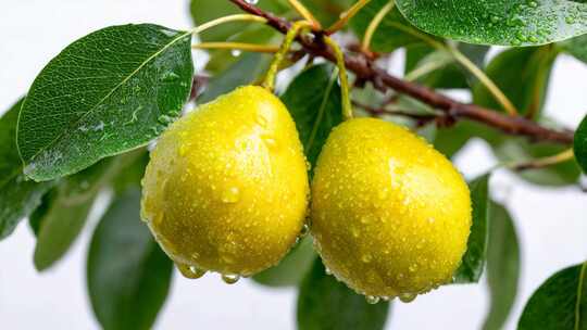 枝头带水珠的梨子特写