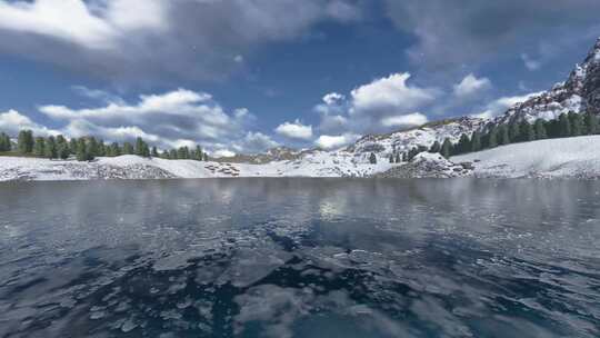 相机飞过冰冻的湖面