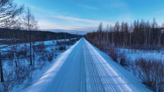 航拍大兴安岭林海雪原雪路