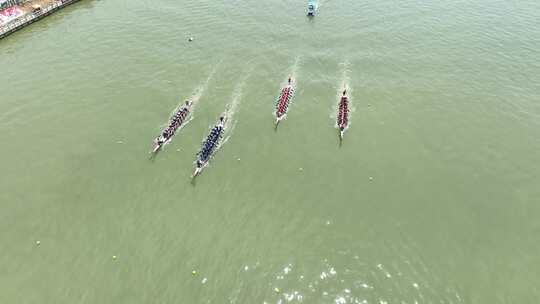端午节赛龙舟航拍龙舟比赛俯拍湖水面划龙舟