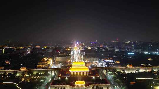 航拍西安城墙永宁门城楼夜景