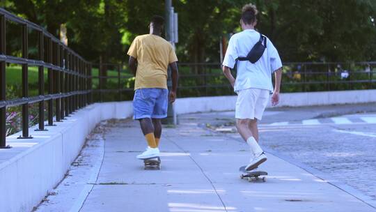 年轻人在人行道上玩滑板