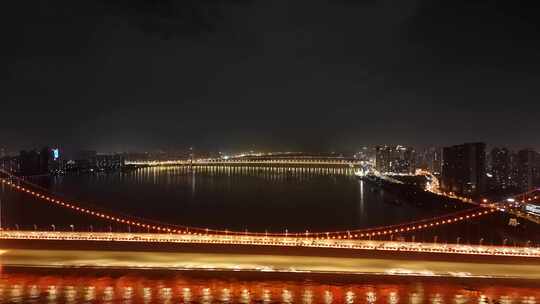 湖北武汉鹦鹉洲长江大桥夜景航拍