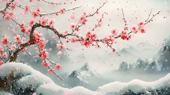 雪中绽放的粉色梅花景观