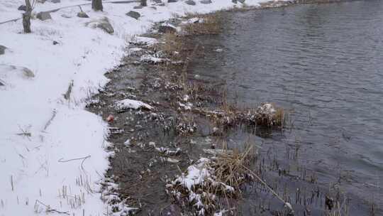 4K下雪天雪中风吹湖面岸边水波纹