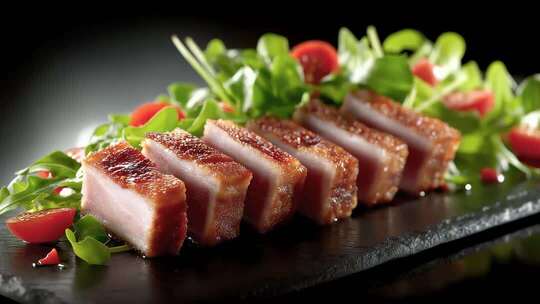 唐朝美食：烤制金黄的猪肉与鲜嫩蔬菜的碰撞