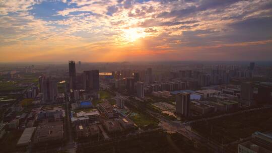 航拍合肥城市晚霞夕阳