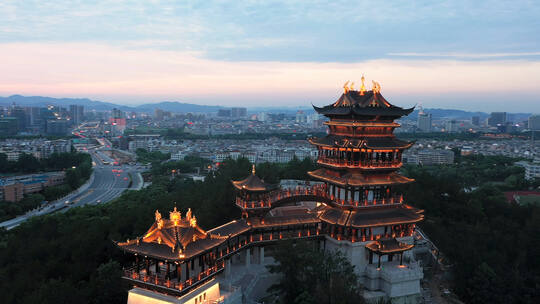 义乌鸡鸣阁夜景风光航拍