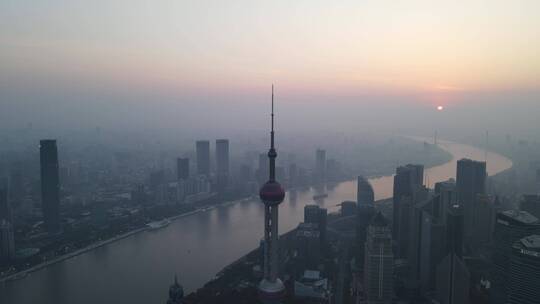 上海陆家嘴外滩黄浦江轮渡地标建筑日出航拍