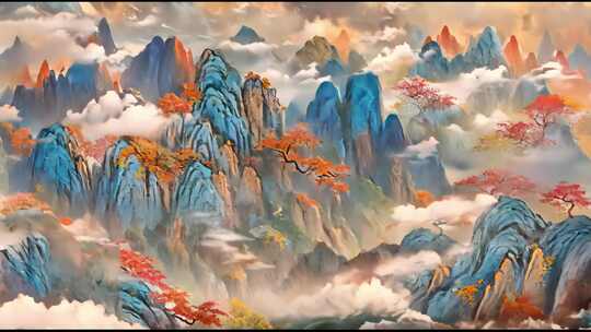 中国风秋日山水层次感丰富的山脉动画