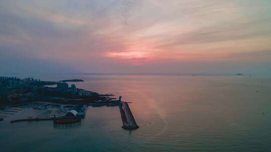 青岛海上日落晚霞夕阳航拍移动延时