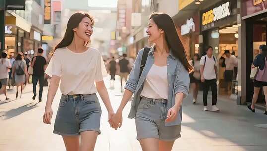 两位女性街头牵手漫步