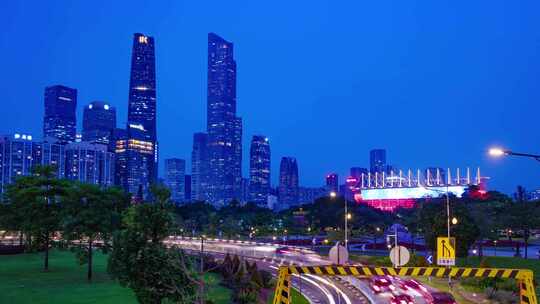 广州珠江新城夜景街道车流日转夜亮灯延时