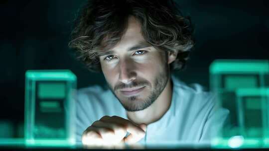 未来科技人员操作透明显示器