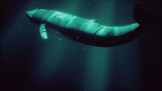 一头雄伟的鲸鱼在广阔的水体中游过鱼群