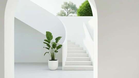 白色简约室内楼梯及绿植景观