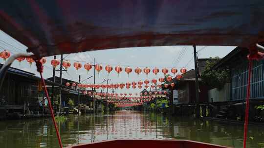 水上市场，泰国，河流，灯笼