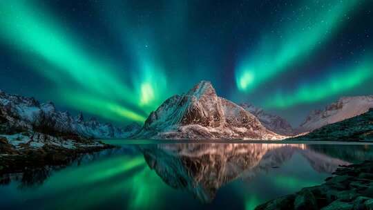 北极雪山极光全景