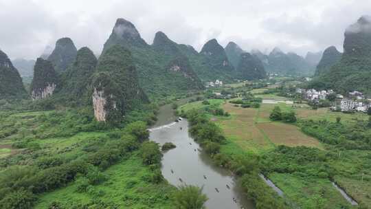 广西桂林遇龙河竹筏漂流航拍