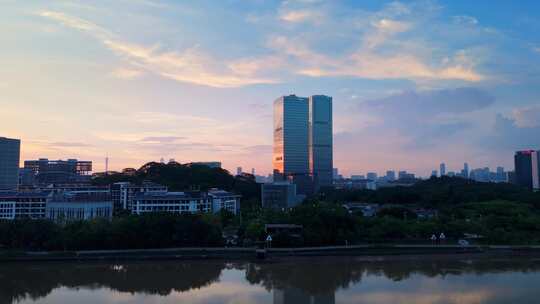 中国广东广州生物岛日落夜景航拍