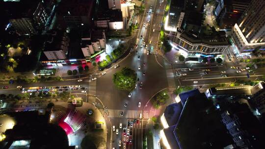 航拍现代城市市区十字路口夜景