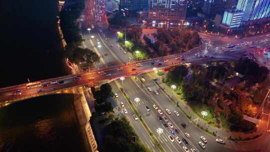 长沙夜景橘子洲大桥湘江中路车流交通航拍立