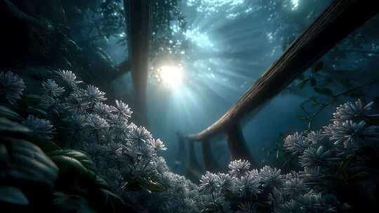 幽静森林阳光穿透花丛唯美意境