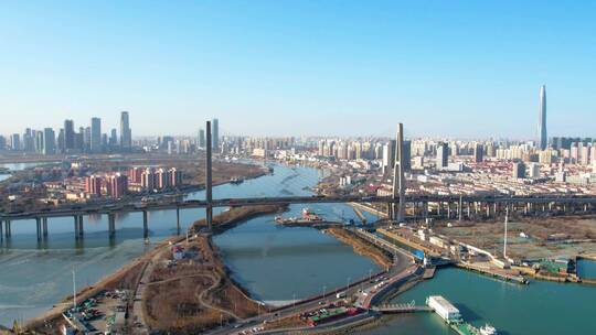 天津滨海新区海河大桥航拍视频素材模板下载