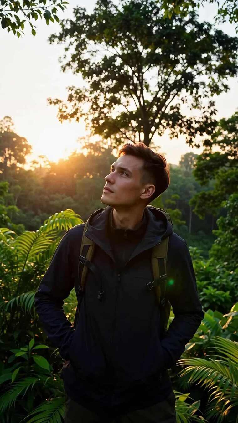 男子森林徒步眺望远方