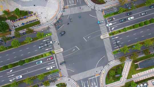 俯视马路十字路口汽车车辆车流延时摄影