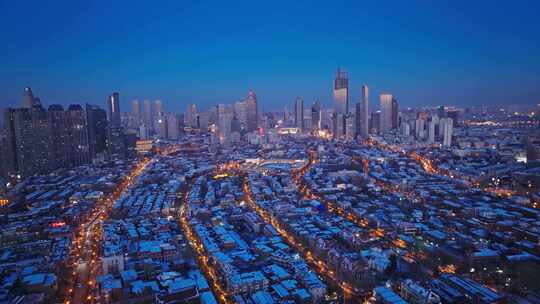 航拍天津五大道雪后夜景视频素材模板下载