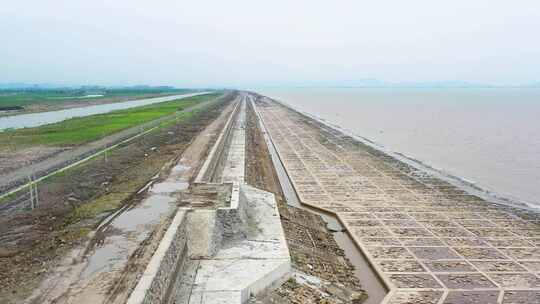 台州湾新区，海边堤坝，航拍素材