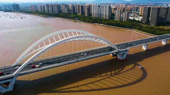 杭州钱塘江九堡大桥车流风景延时视频素材模板下载