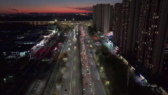 中国辽宁沈阳浑南区浑南西路夜景航拍