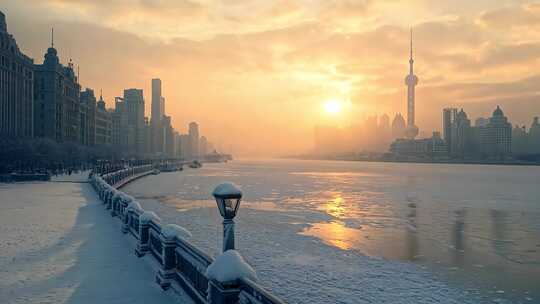 上海外滩雪景日出风光