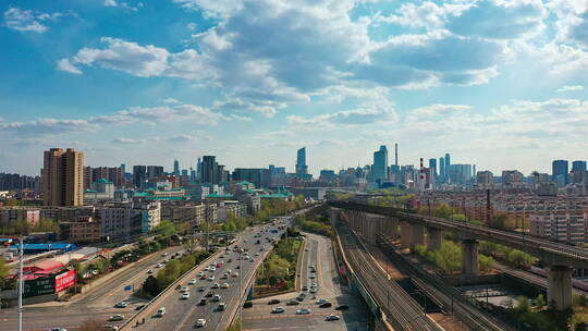 中国辽宁沈阳城市风景航拍马路铁路