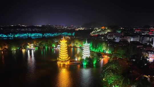 广西桂林日月塔夜景晚霞航拍