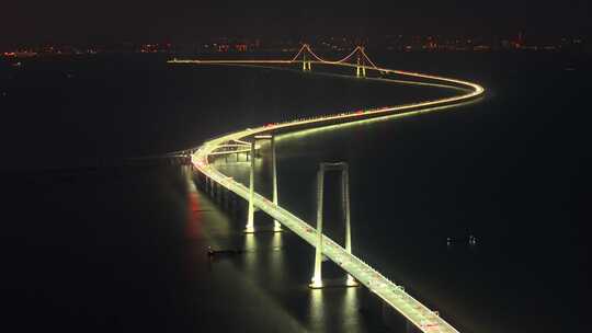 深圳中山翠亨新区深中大桥车流夜景日落航拍