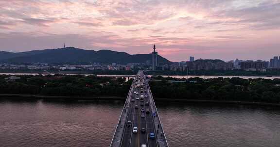 长沙橘子洲大桥日落晚霞城市风光