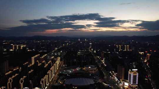 湖南怀化城市夜幕降临晚霞夕阳航拍