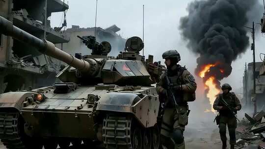 城市废墟中士兵与坦克画面