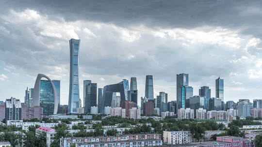北京建筑群市中心CBD阴雨天气