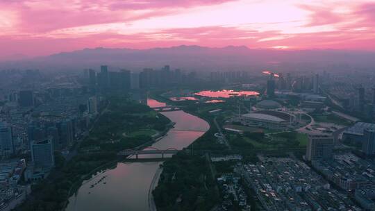 义乌城市建筑地标朝霞火烧云风光航拍