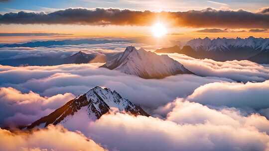 航拍壮美雪山风景夕阳日落云海延时