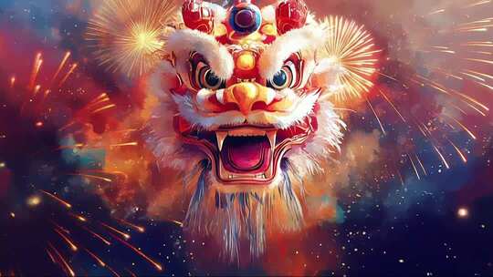 舞狮头与烟花喜庆画面