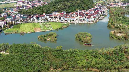 金秋诸暨白塔湖金色水稻田水上旅游风光航拍