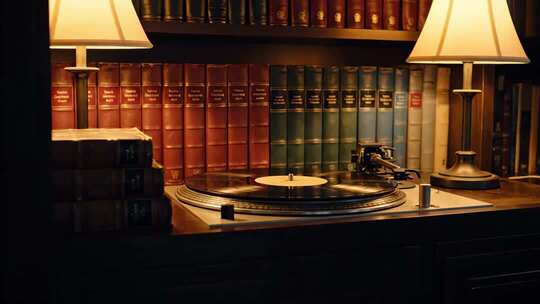 室内书架旁的唱片机素材