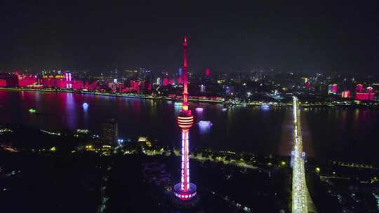 湖北省武汉市汉阳区龟山电视塔夜景航拍4k